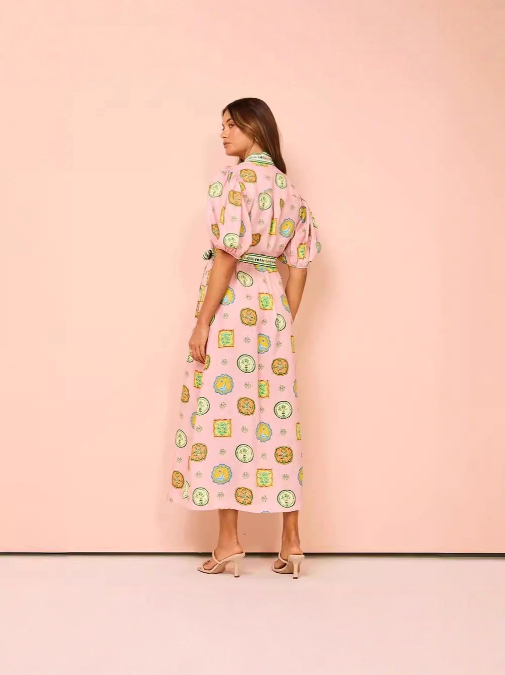 Pink Medallion Print Puff Sleeve Midi Dress