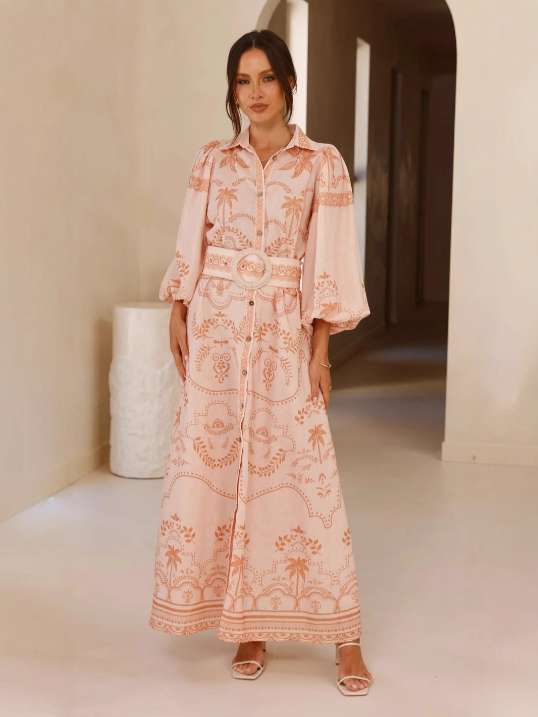 Terracotta Tropical Print Shirt Maxi Dress