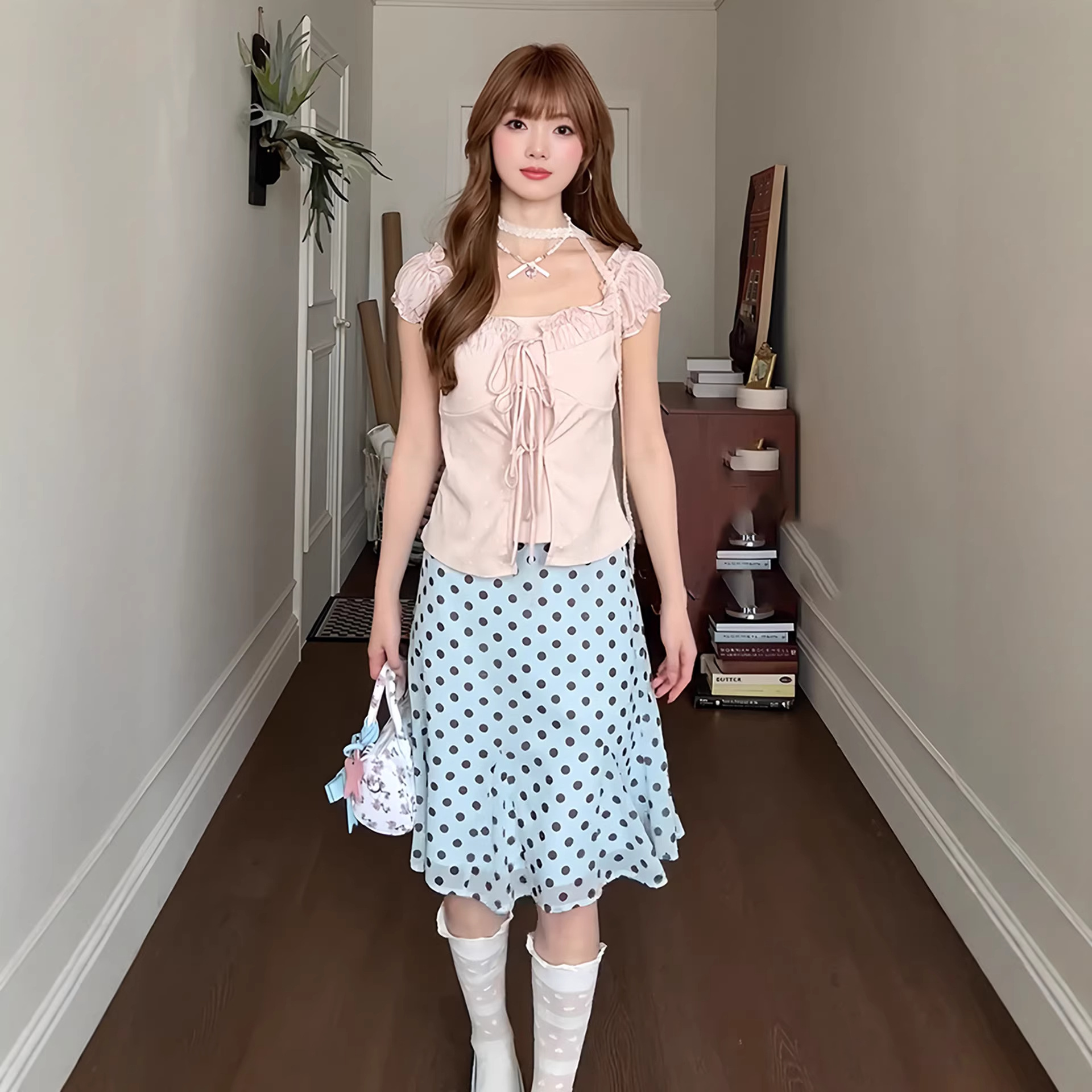 Korean-style sweet polka dot skirt for women, summer high-waisted mesh A-line short skirt, youthful and versatile, elegant midi skirt