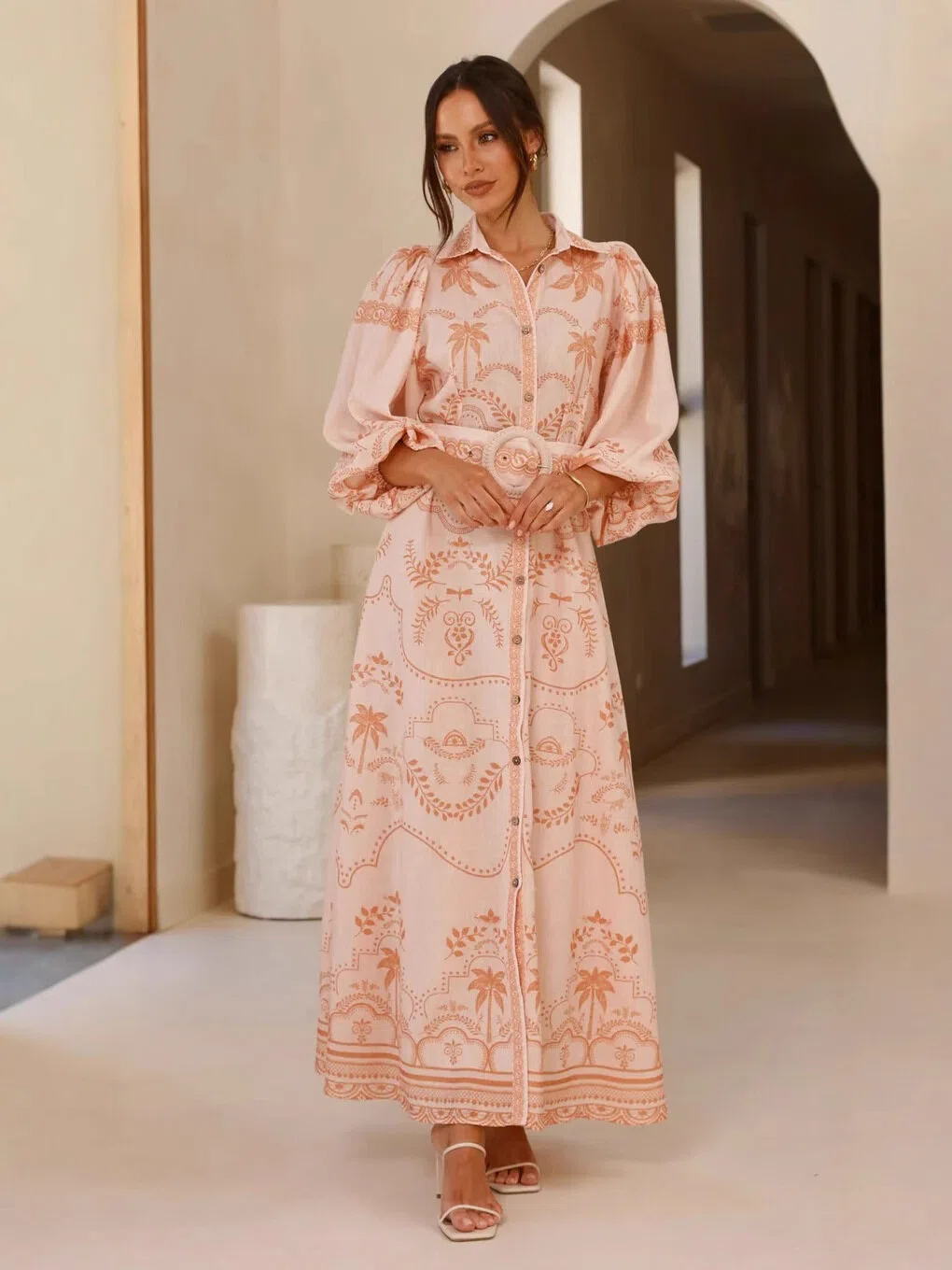 Terracotta Tropical Print Shirt Maxi Dress