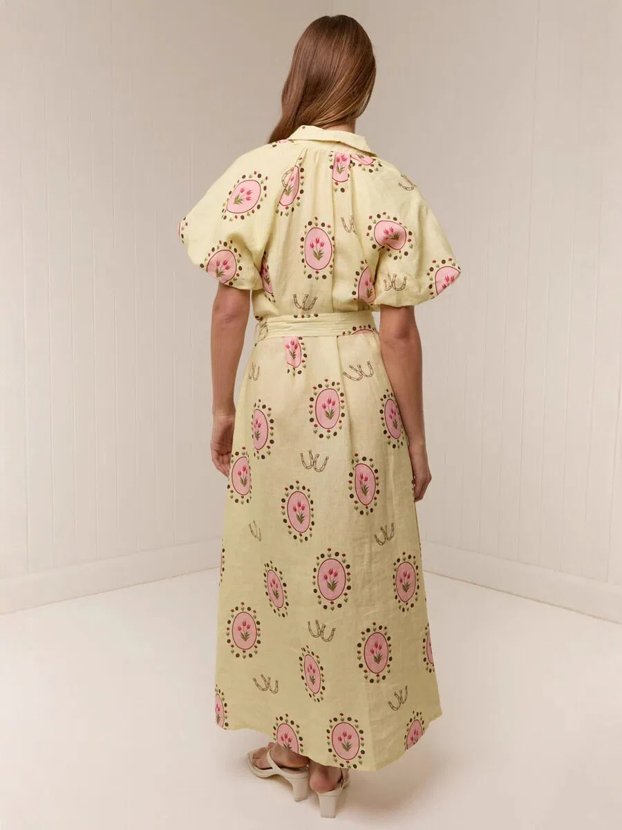 Lemon Floral Puff Sleeve Shirt Maxi Dress