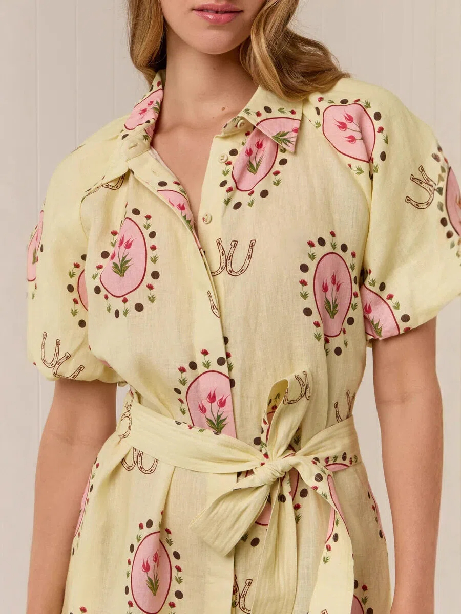 Lemon Floral Puff Sleeve Shirt Maxi Dress