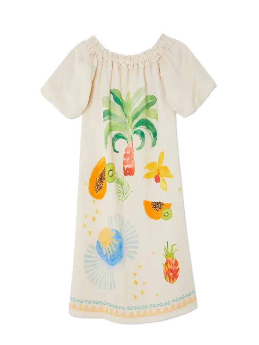 Tropical Fruit Off-the-Shoulder Linen Maxi Dress