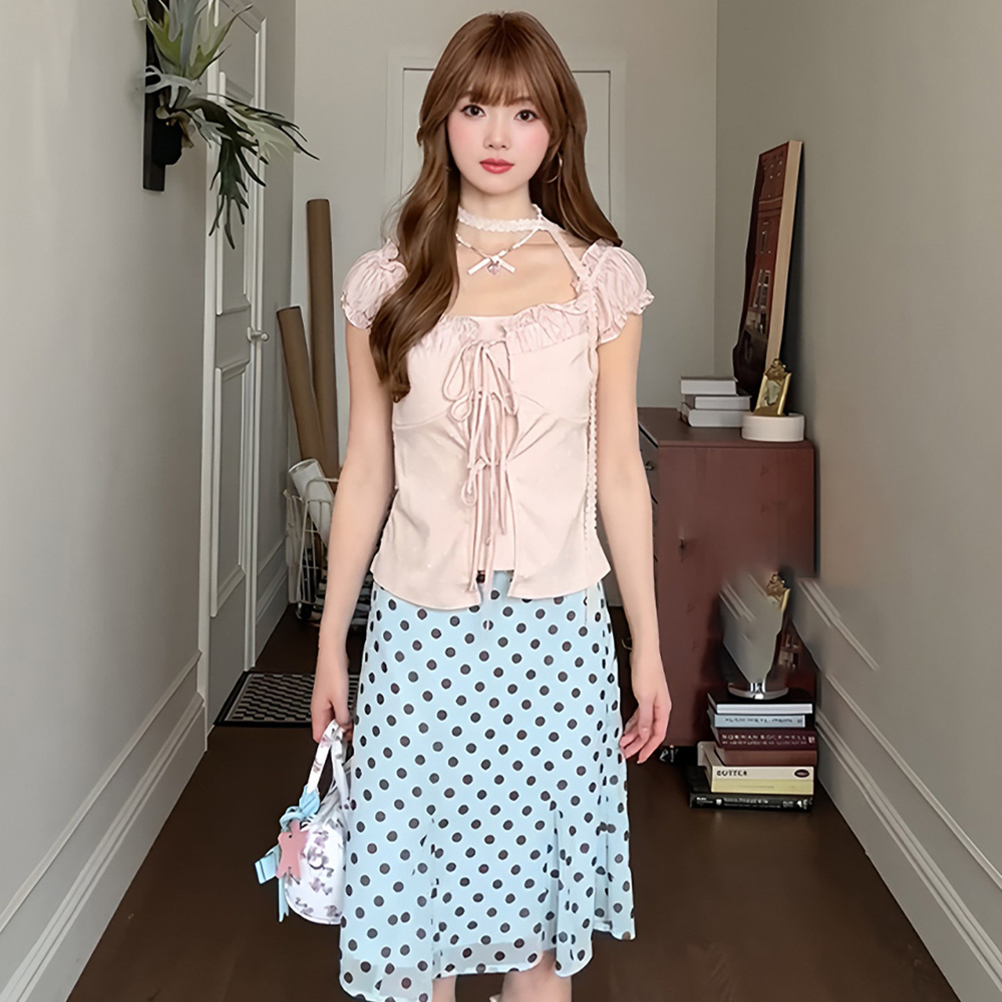 Korean-style sweet polka dot skirt for women, summer high-waisted mesh A-line short skirt, youthful and versatile, elegant midi skirt