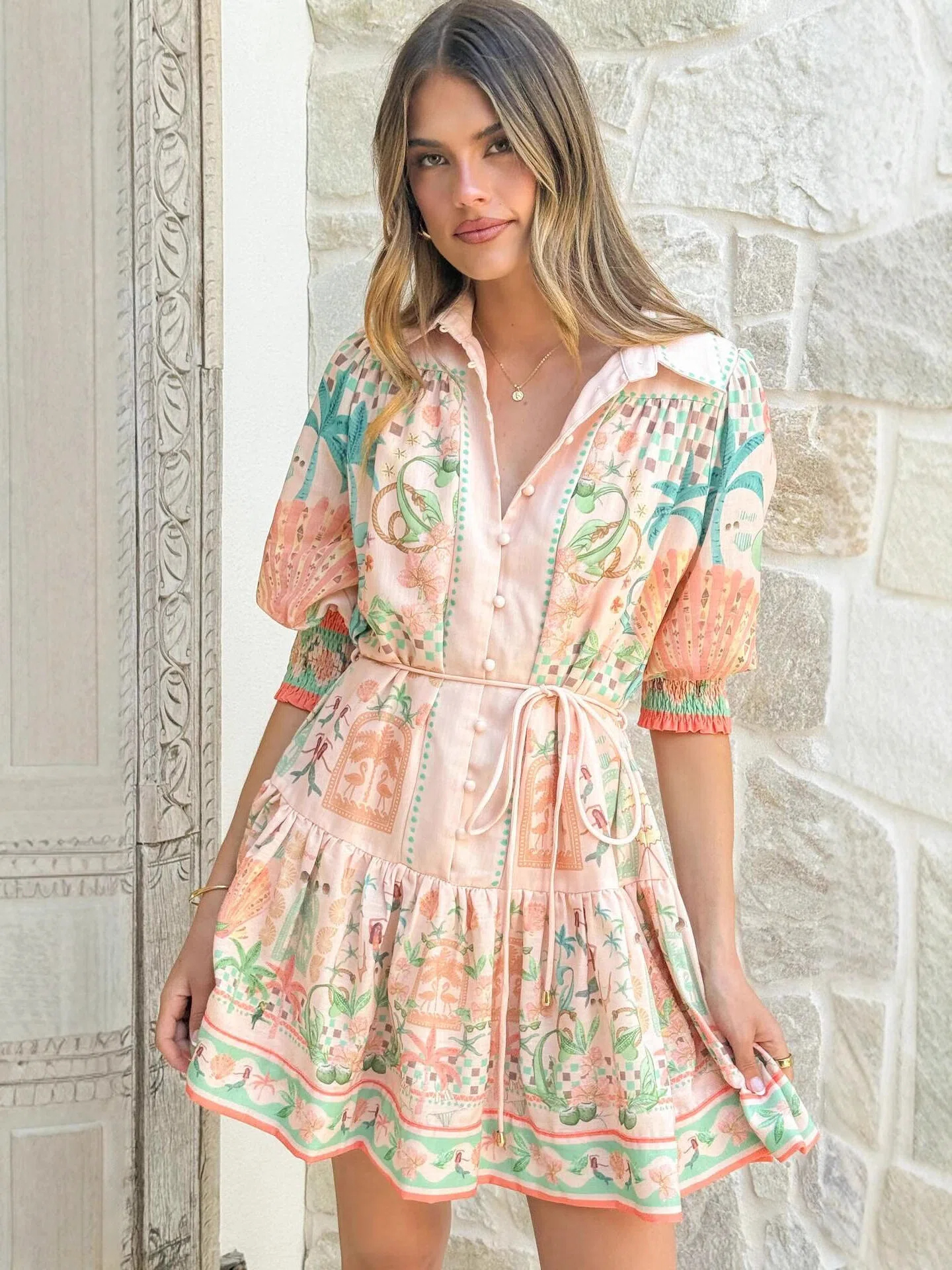Peach Tropical Patchwork Shirt Mini Dress