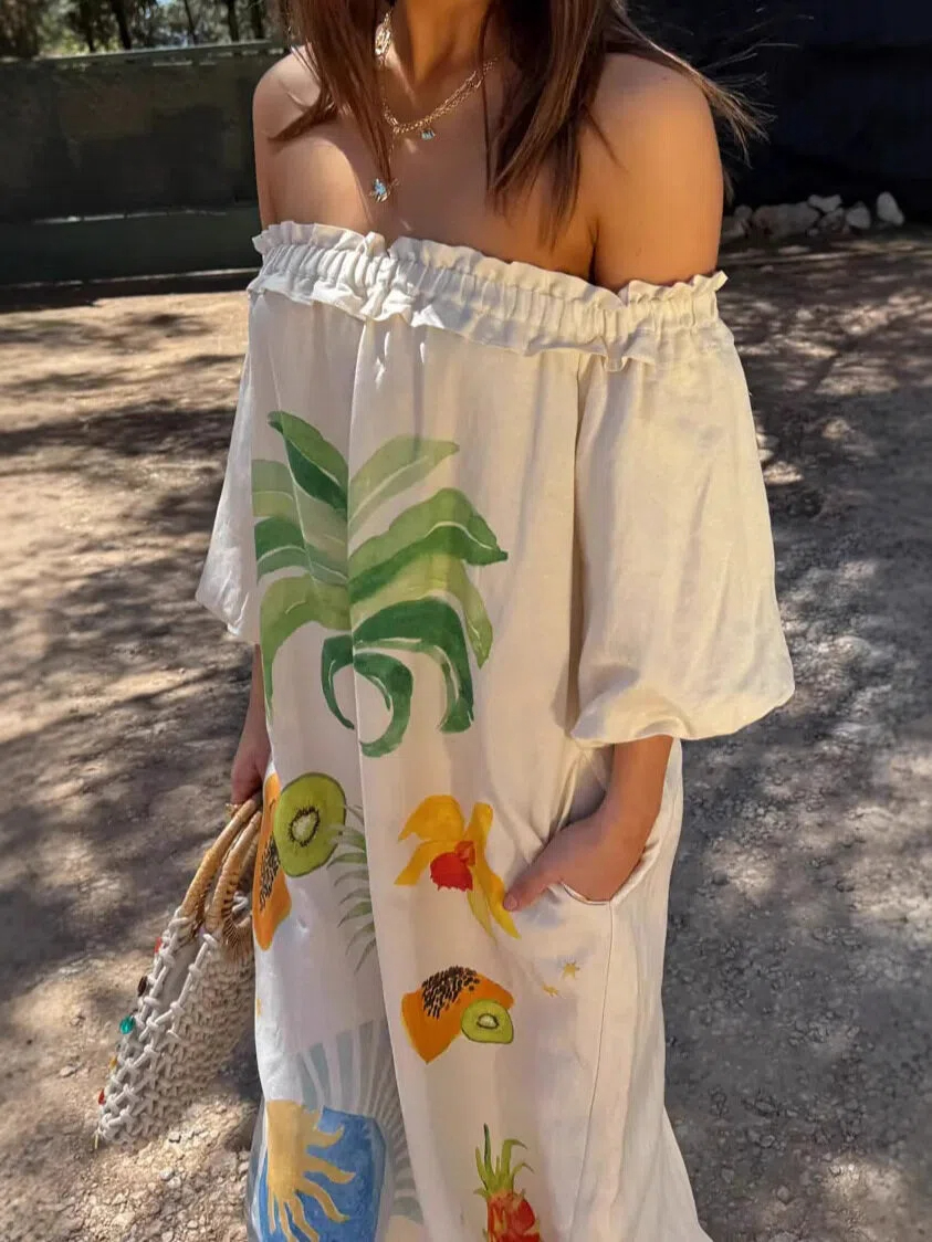 Tropical Fruit Off-the-Shoulder Linen Maxi Dress