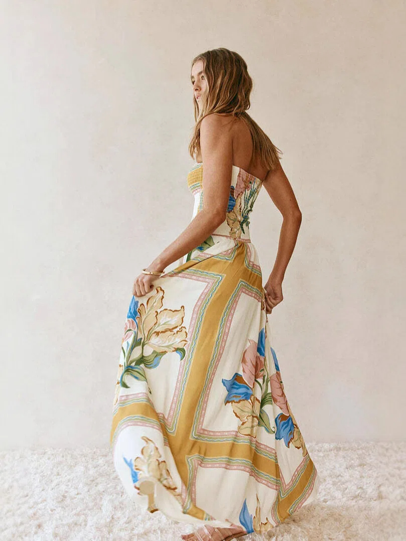 Tropical Scarf Print Strapless Maxi Dress
