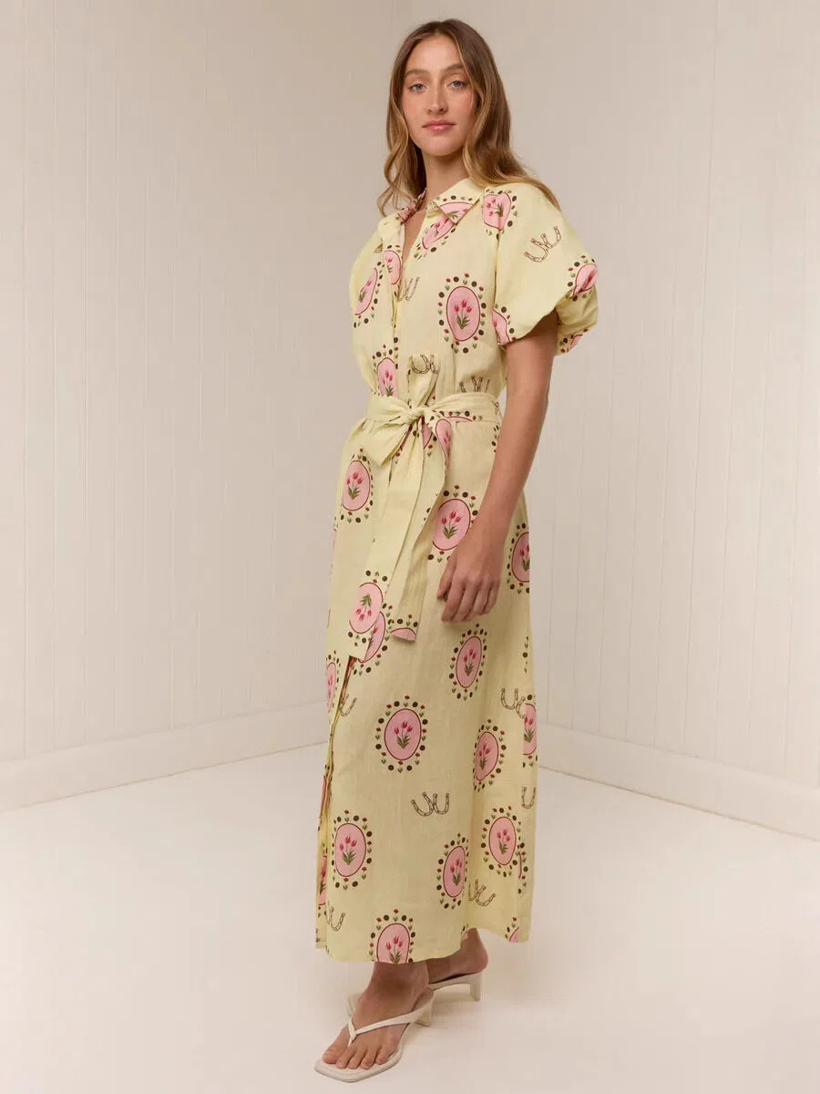Lemon Floral Puff Sleeve Shirt Maxi Dress