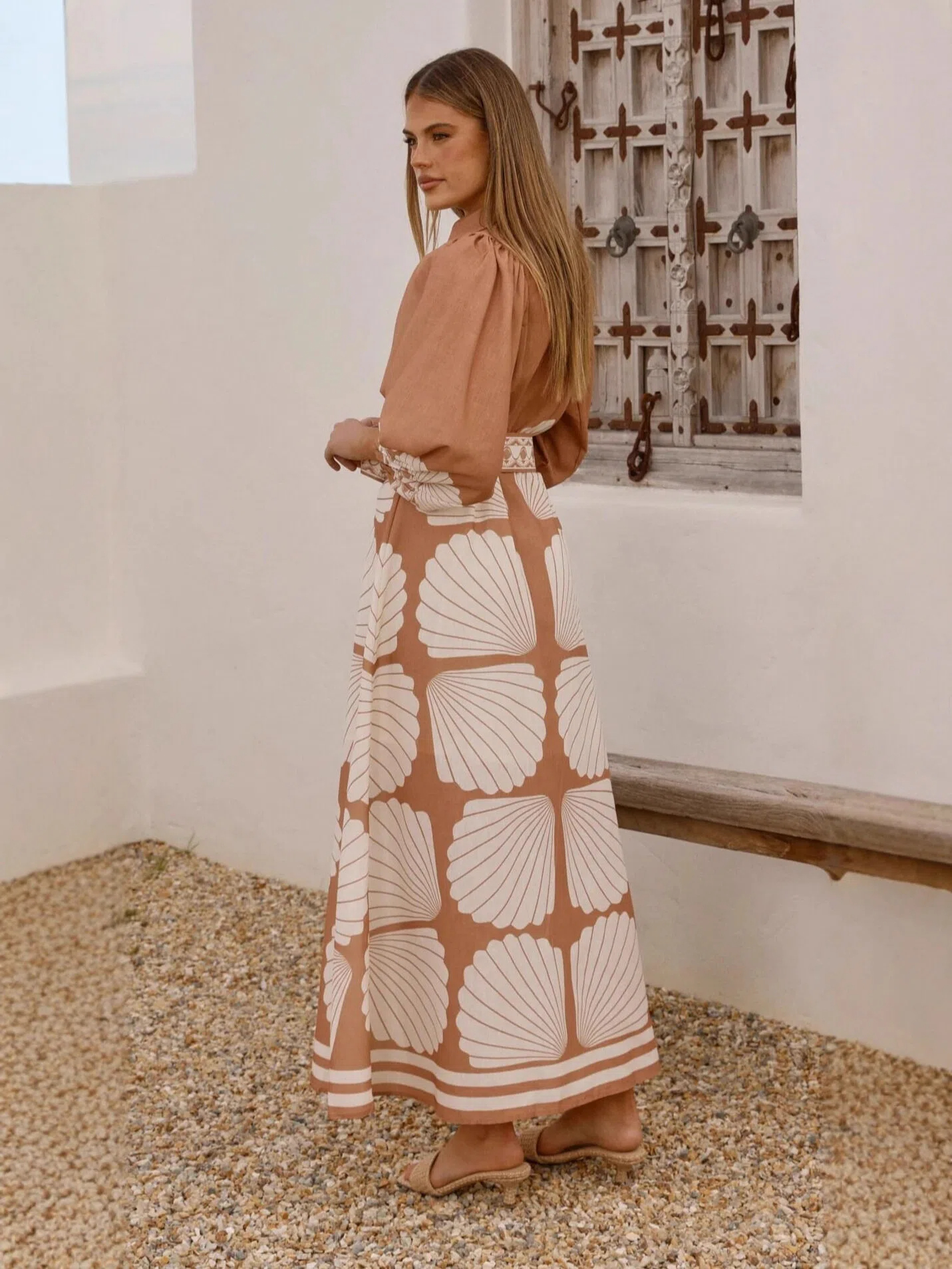 Terracotta Shell Print Shirt Maxi Dress