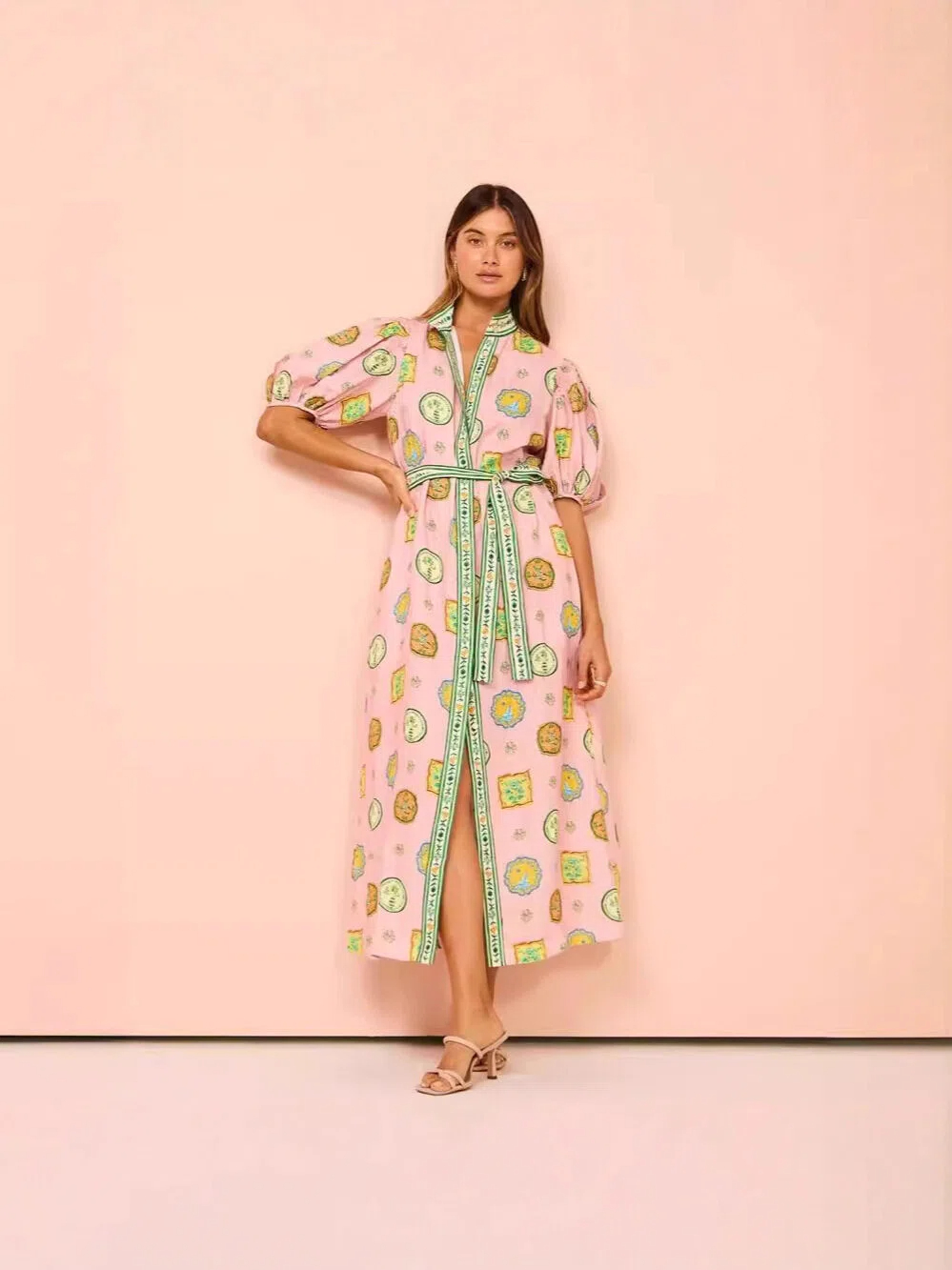Pink Medallion Print Puff Sleeve Midi Dress