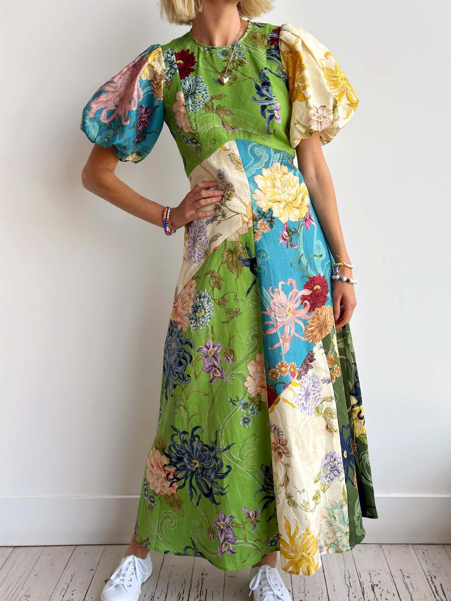 Botanical Patchwork Puff Sleeve Midi Dress