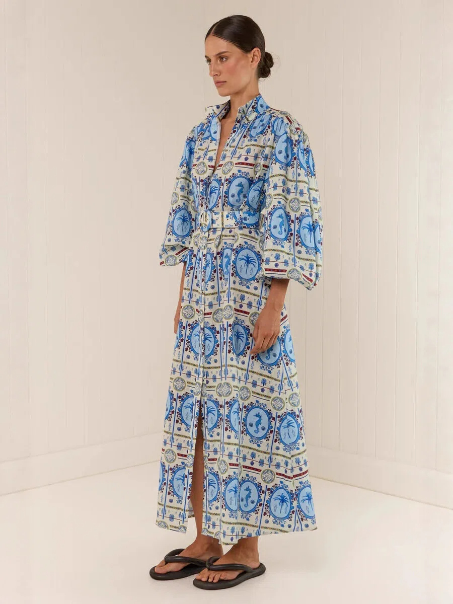 Seahorse Print Button Front Maxi Dress