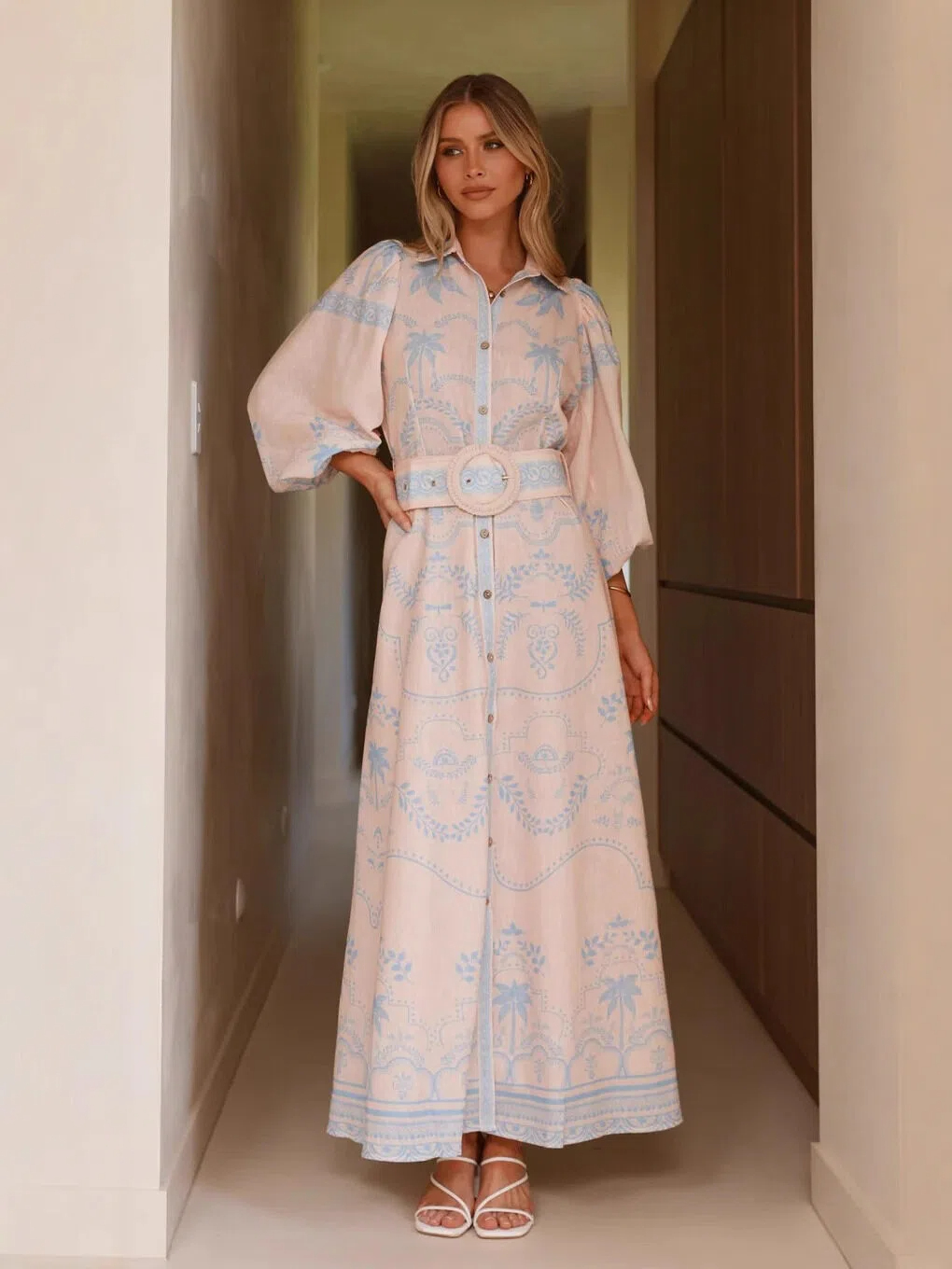 Sky Blue Tropical Print Shirt Maxi Dress