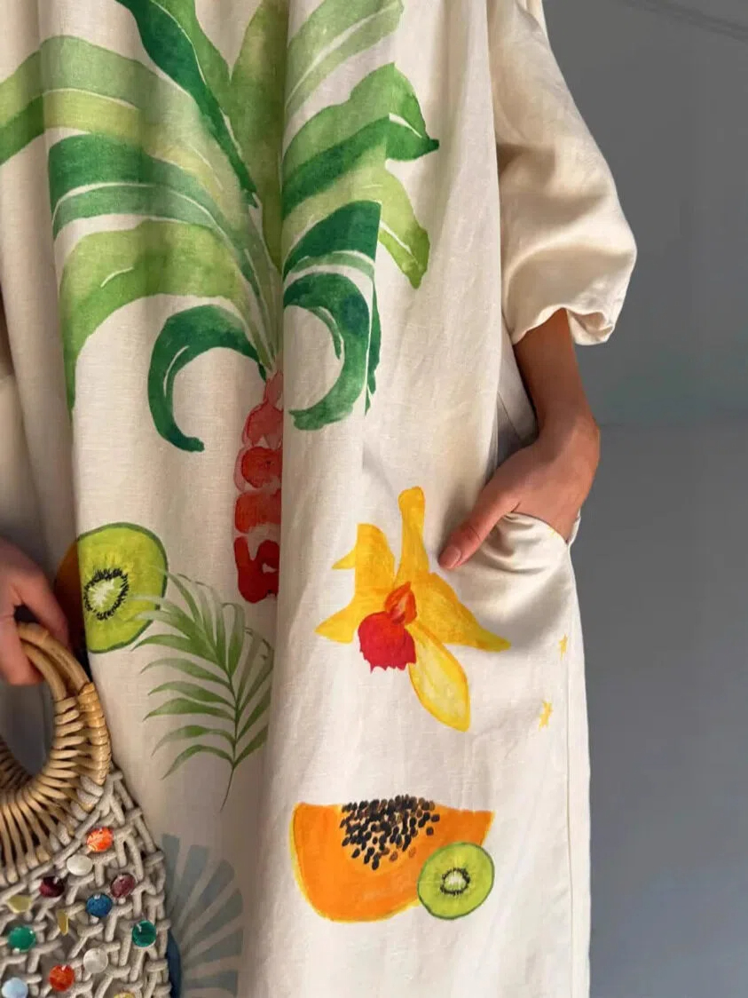 Tropical Fruit Off-the-Shoulder Linen Maxi Dress