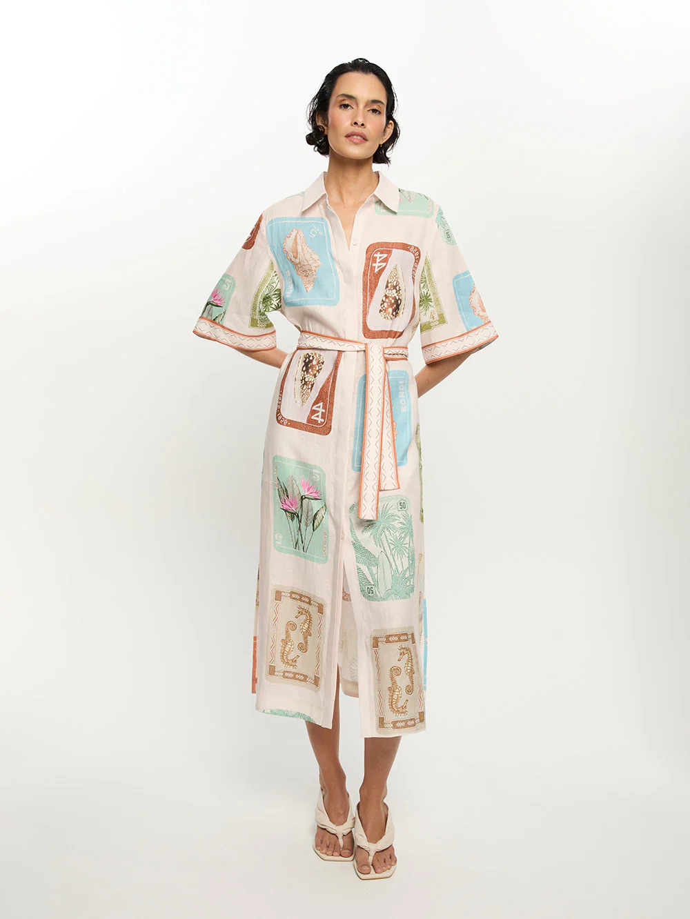 Tropical Stamp Patchwork Shirt Midi Dress