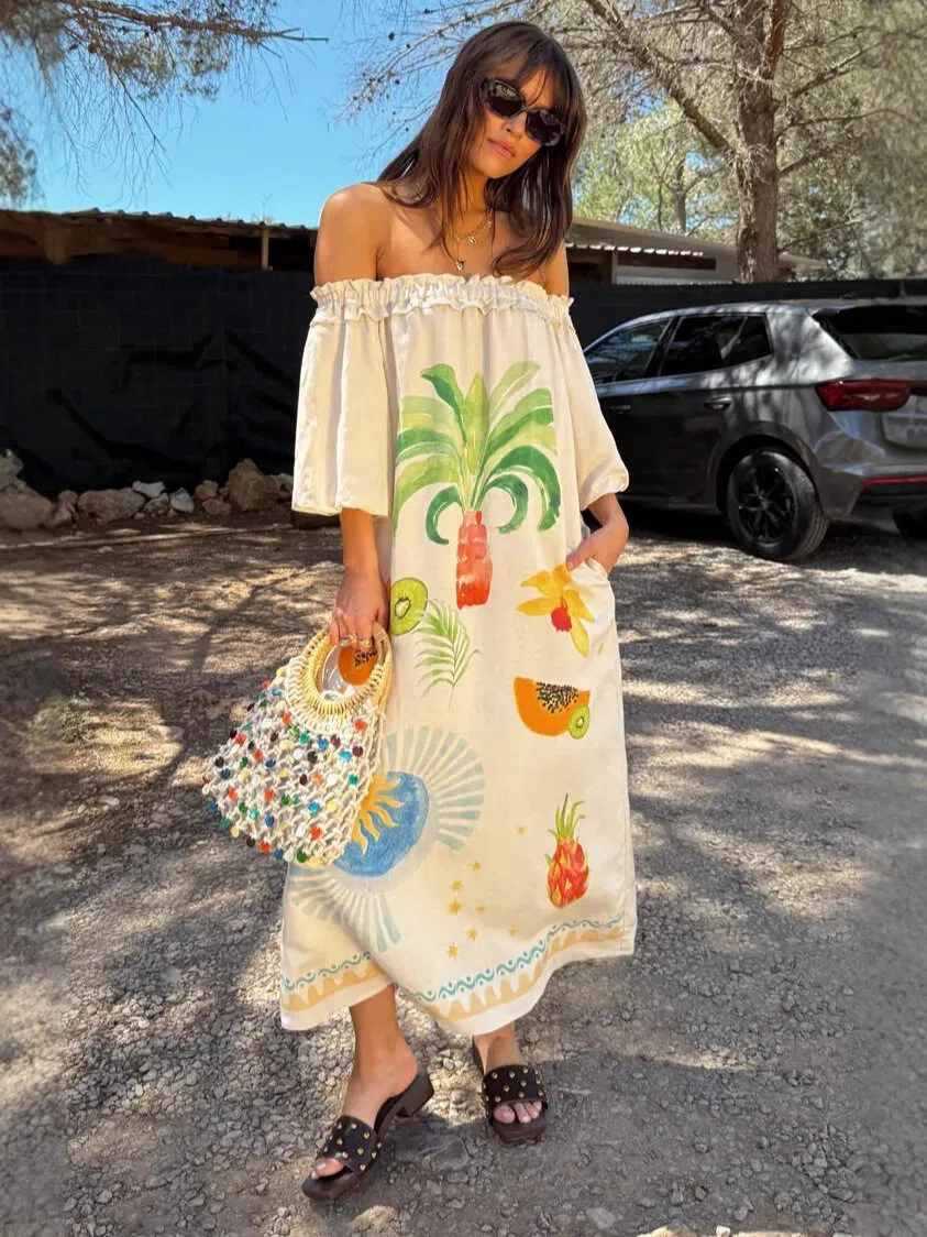 Tropical Fruit Off-the-Shoulder Linen Maxi Dress