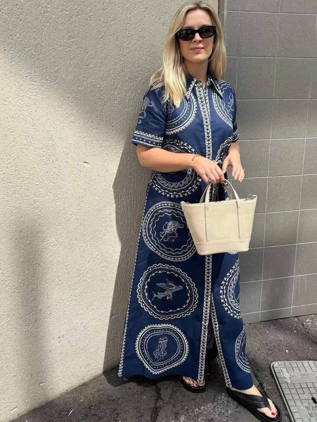 Indigo Bandana Print Shirt Maxi Dress