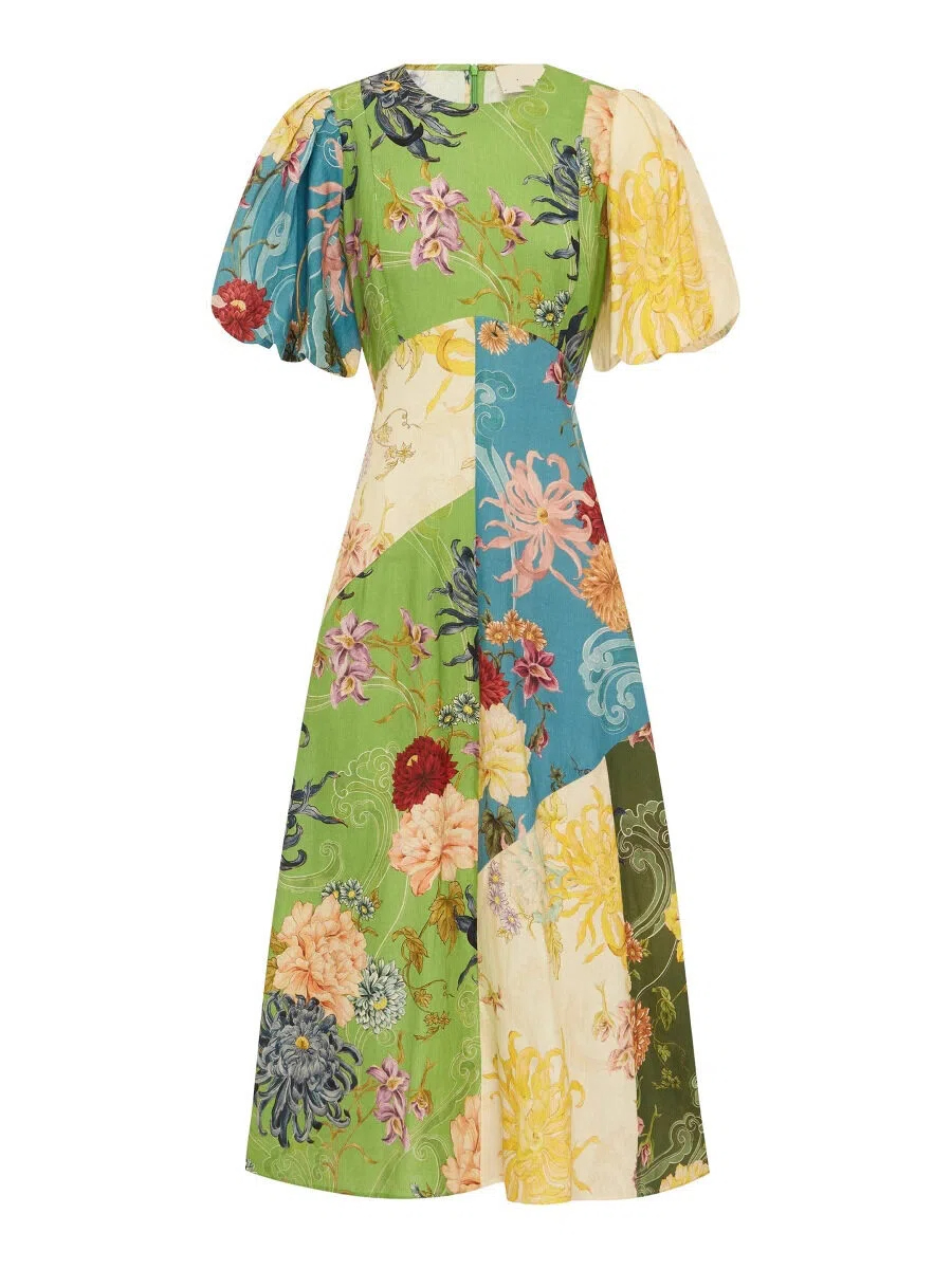 Botanical Patchwork Puff Sleeve Midi Dress