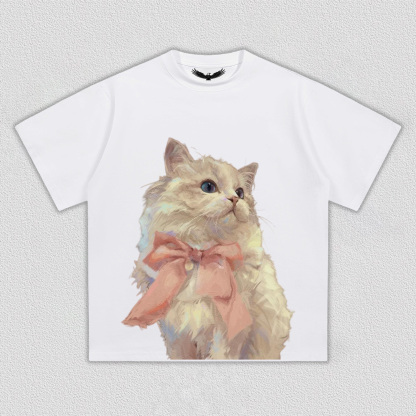 Elegant White Cat with Pink Bow T-Shirt