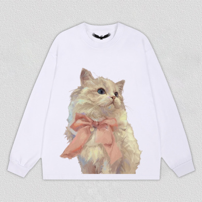Elegant White Cat with Pink Bow T-Shirt