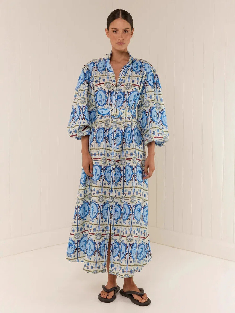 Seahorse Print Button Front Maxi Dress