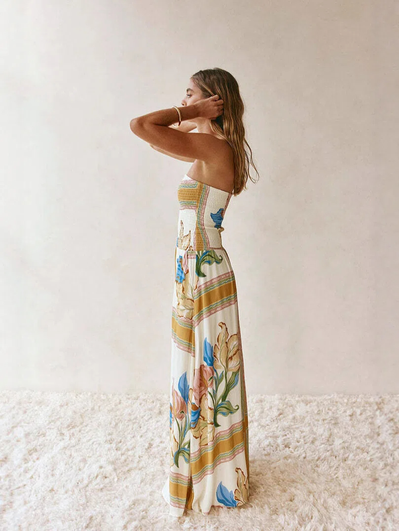 Tropical Scarf Print Strapless Maxi Dress