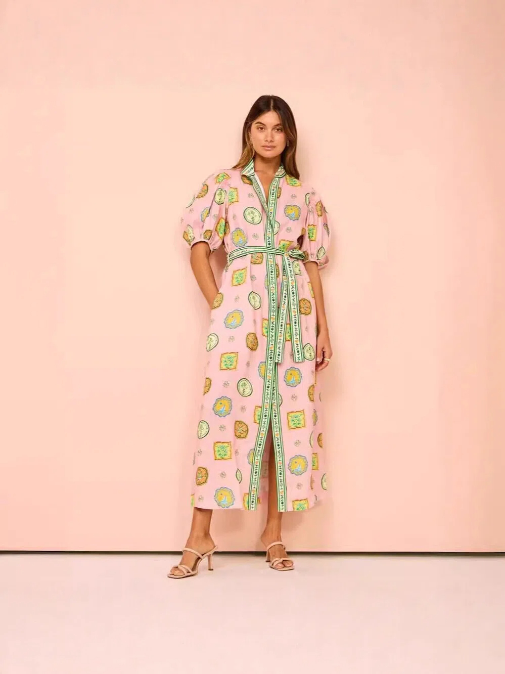 Pink Medallion Print Puff Sleeve Midi Dress