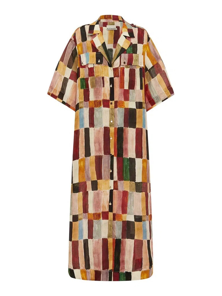 Color Block Print Shirt Maxi Dress