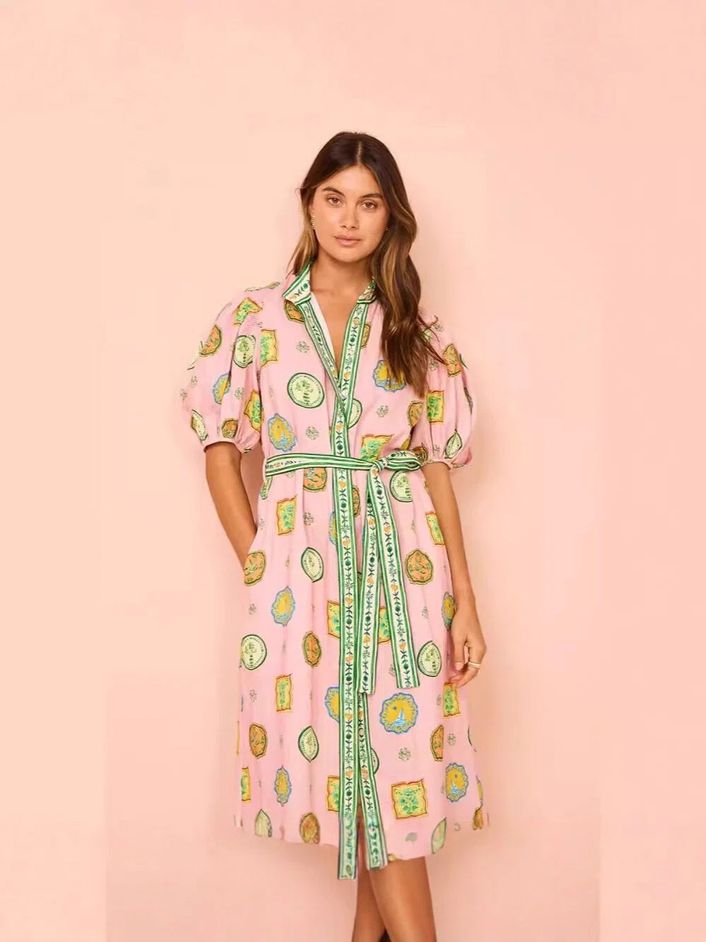 Pink Medallion Print Puff Sleeve Midi Dress