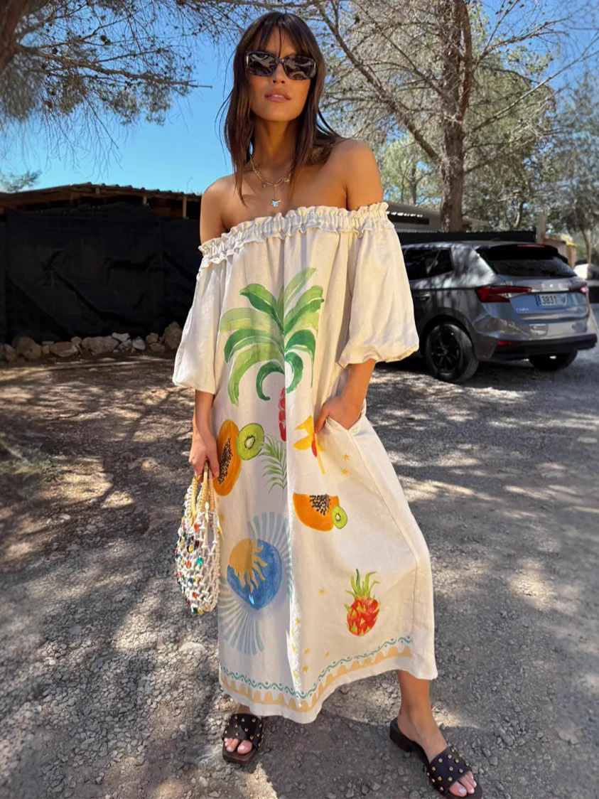Tropical Fruit Off-the-Shoulder Linen Maxi Dress
