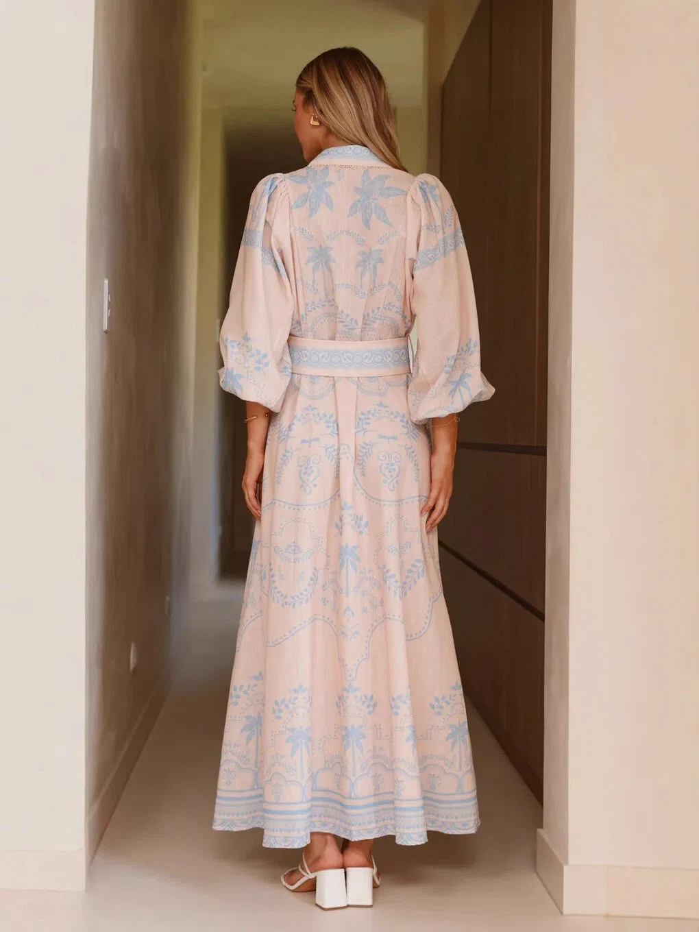 Sky Blue Tropical Print Shirt Maxi Dress