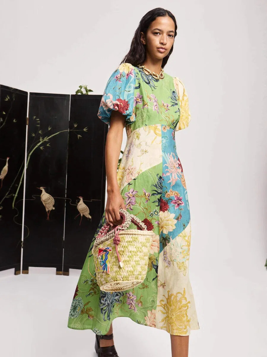 Botanical Patchwork Puff Sleeve Midi Dress