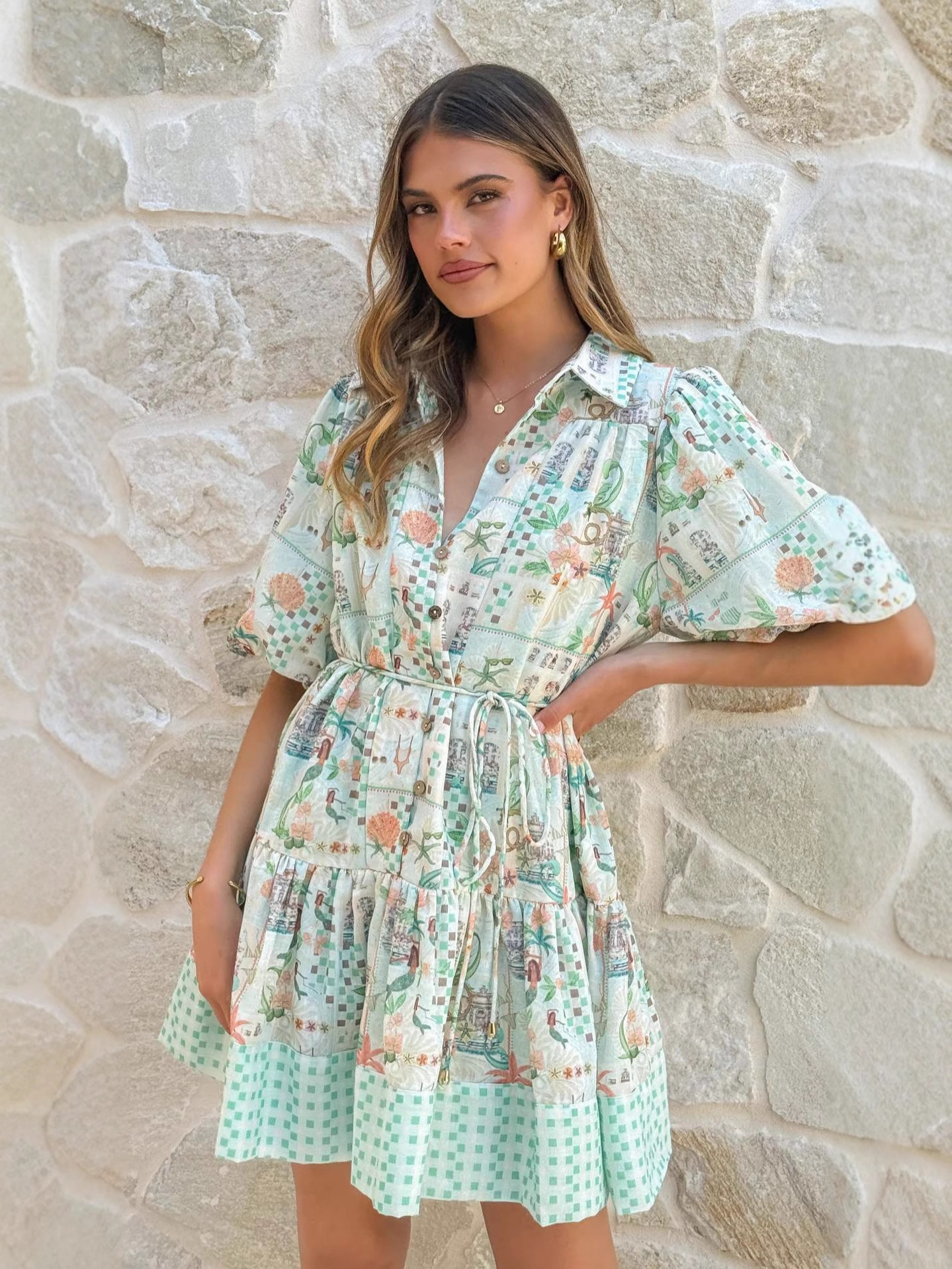 Mint Patchwork Tiered Shirt Mini Dress