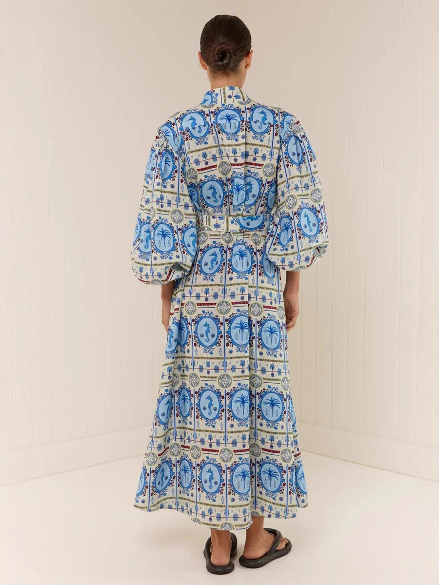 Seahorse Print Button Front Maxi Dress