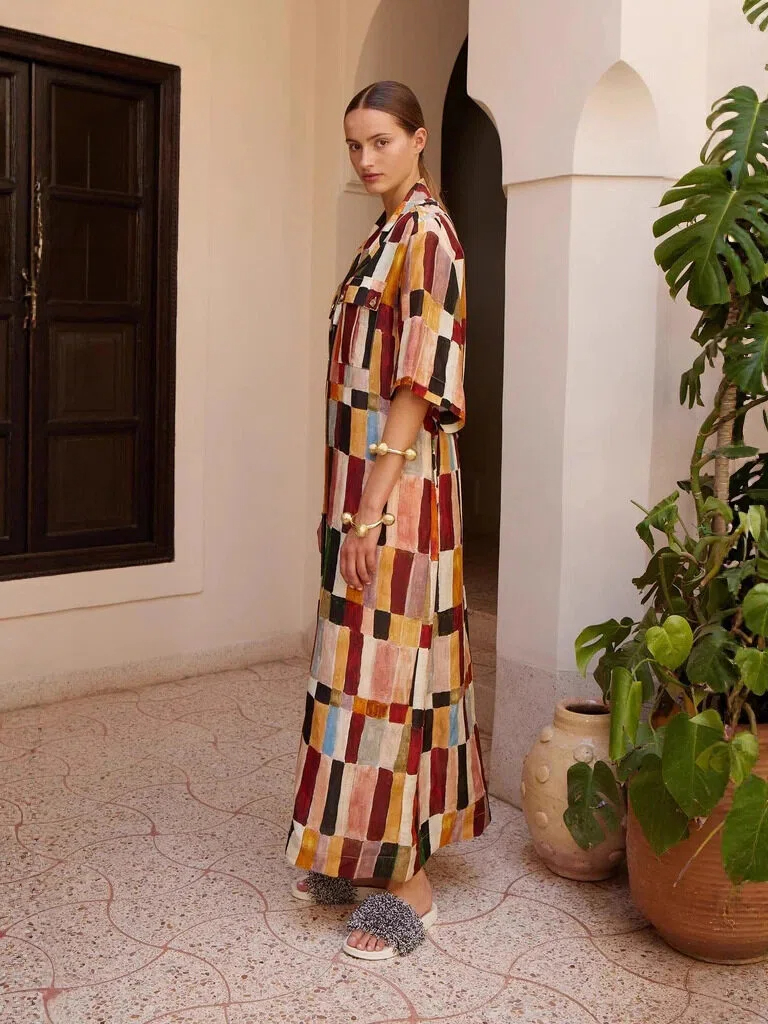 Color Block Print Shirt Maxi Dress