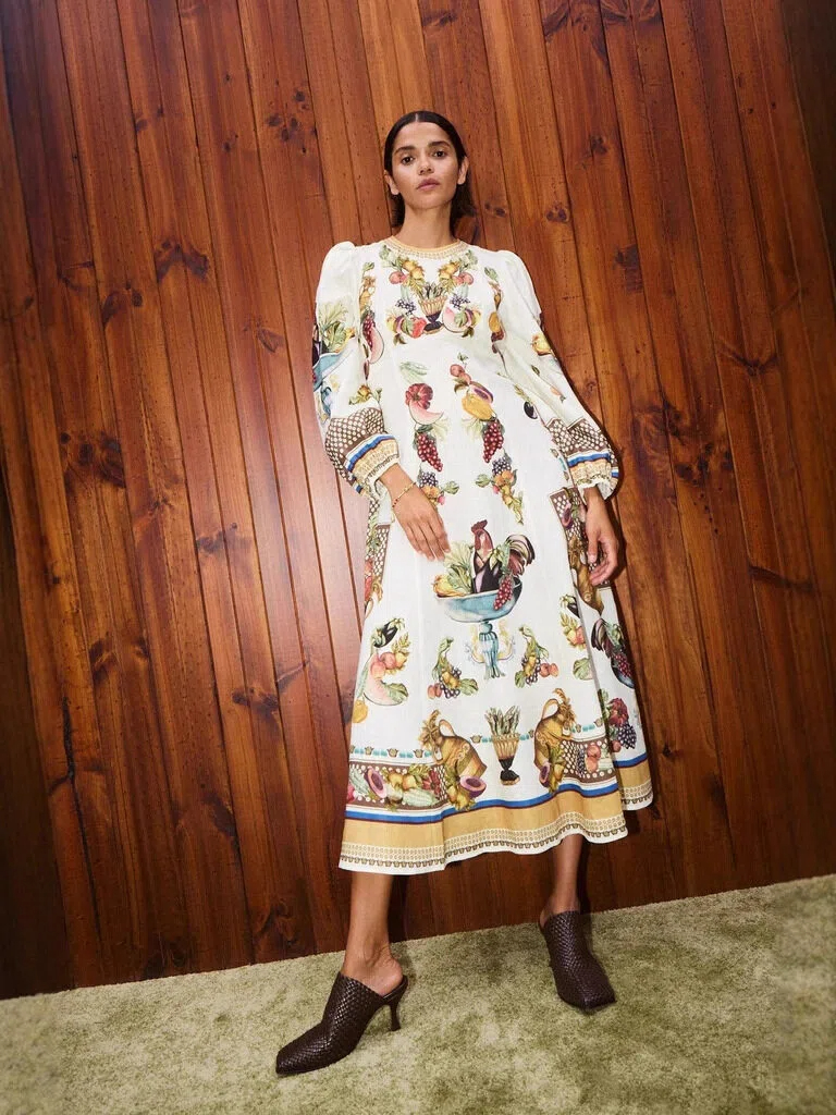 Vintage Fruit & Rooster Print Maxi Dress