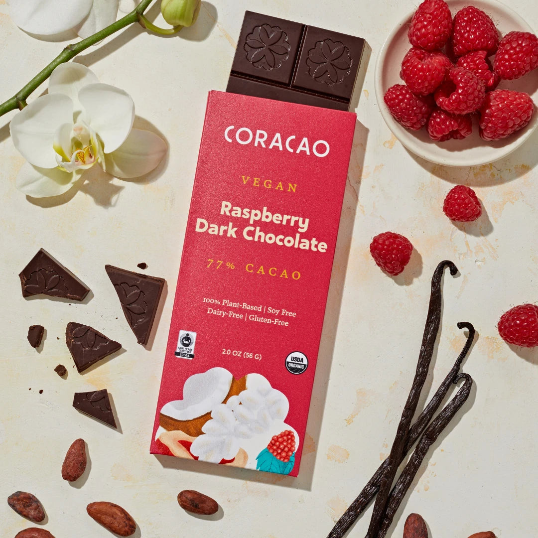 Soy-free, gluten-free raspberry dark chocolate – bright, tangy, and deeply indulgent.



