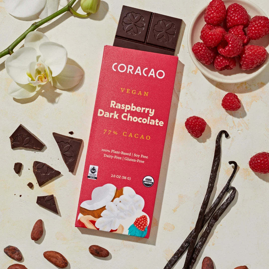 Soy-free, gluten-free raspberry dark chocolate – bright, tangy, and deeply indulgent.



