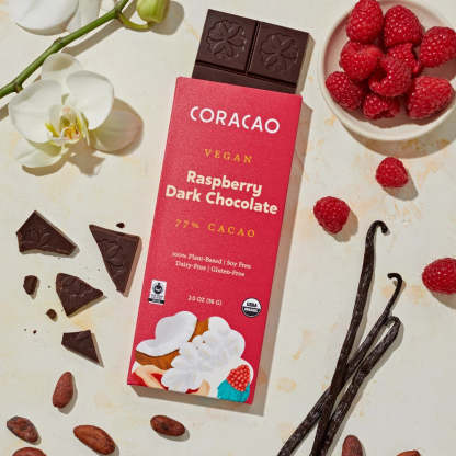Soy-free, gluten-free raspberry dark chocolate – bright, tangy, and deeply indulgent.



