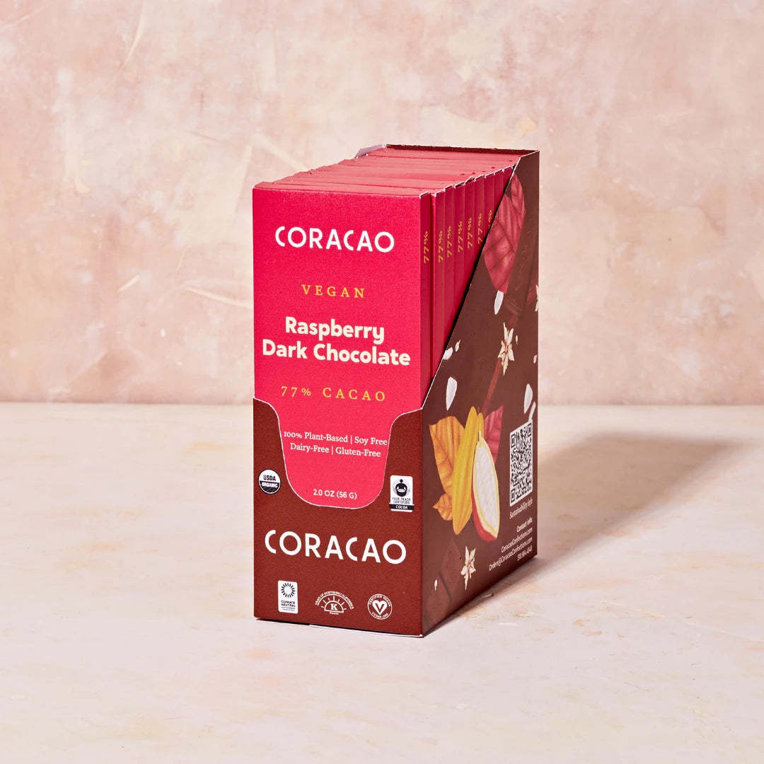 Experience the perfect harmony of tart raspberries and decadent heirloom cacao in this vegan, organic Raspberry Dark Chocolate bar.