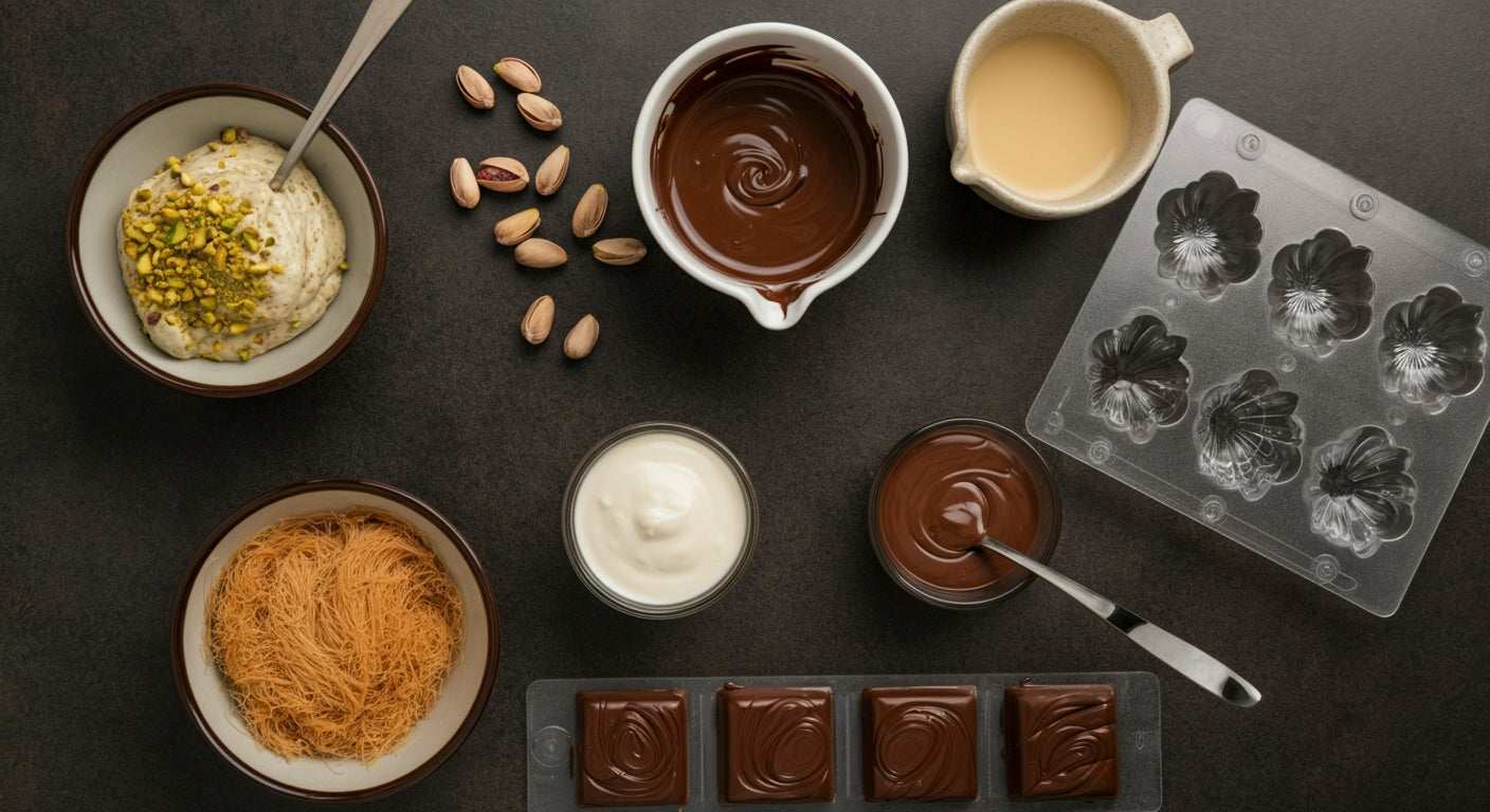 Dubai chocolate bar making setup with ingredients, tools and chocolate molds arranged on kitchen counter