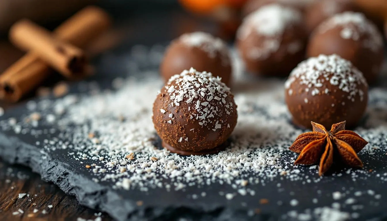 Homemade pumpkin spice chocolate truffles with autumn spices and coconut powder coating