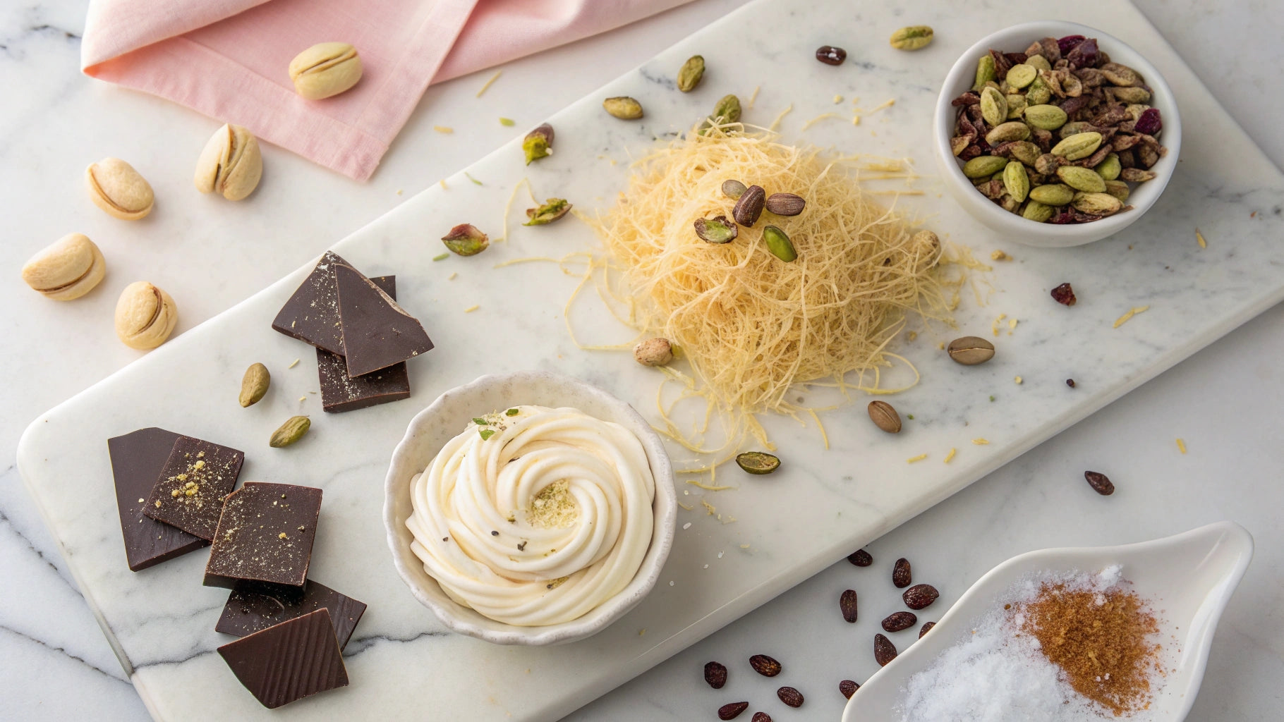Dubai chocolate ingredients display featuring pistachios, kataifi pastry, tahini and premium chocolate pieces