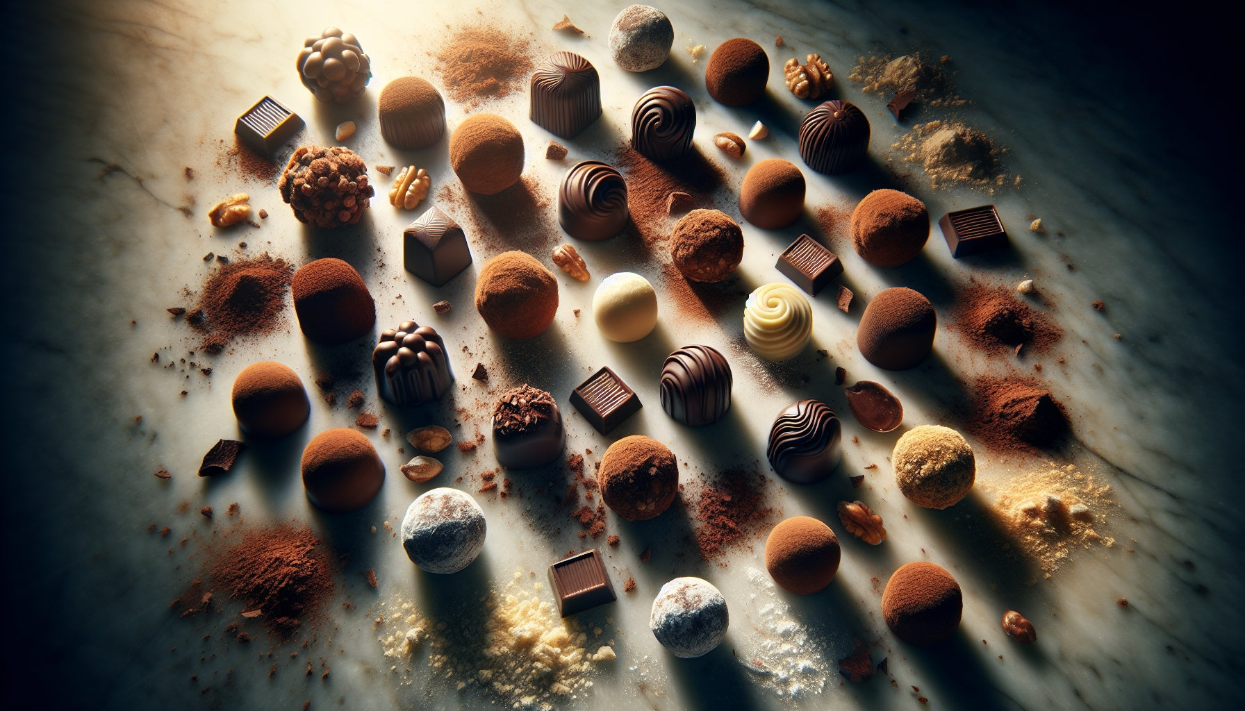 Assorted homemade chocolate truffles with various coatings including cocoa powder, chopped nuts and chocolate shavings on marble background
