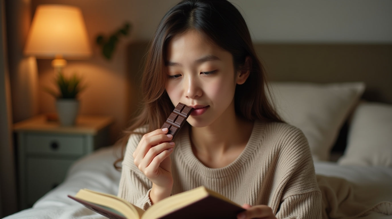 lifestyle image showing someone enjoying a piece of dark chocolate