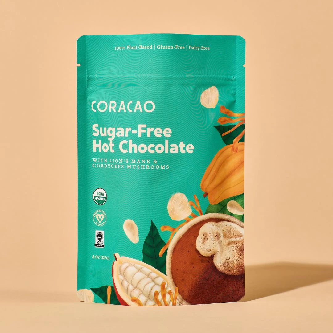 Coracao Confections Mushroom Hot Chocolate – Vegan, with Lion's Mane and Cordyceps for wellness benefits.

