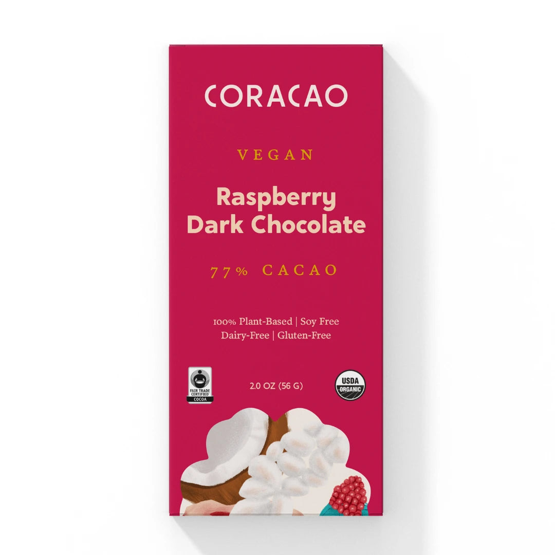 Vegan raspberry dark chocolate bar – a perfect blend of tart fruit and rich heirloom cacao.
