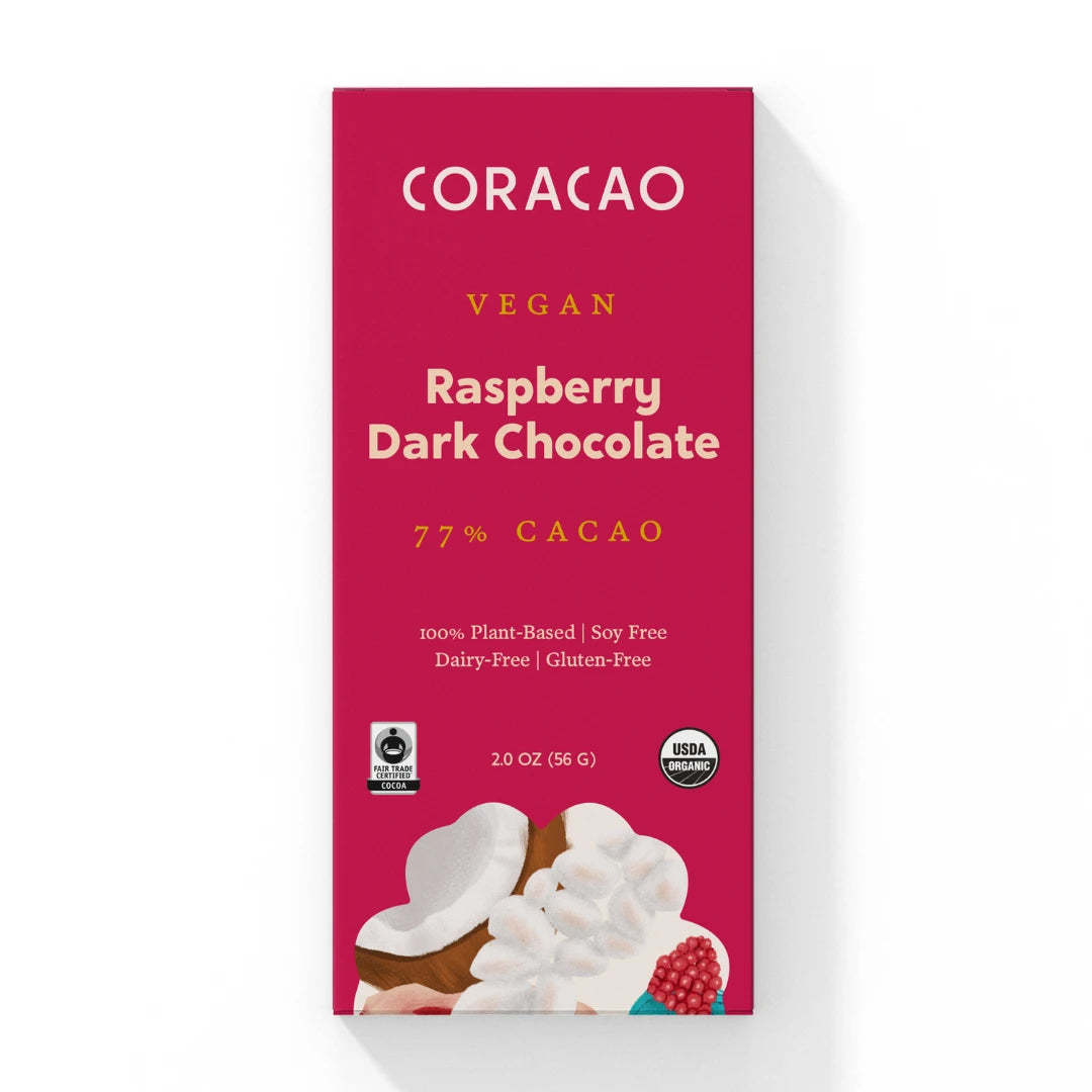 Vegan raspberry dark chocolate bar – a perfect blend of tart fruit and rich heirloom cacao.
