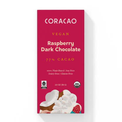 Vegan raspberry dark chocolate bar – a perfect blend of tart fruit and rich heirloom cacao.
