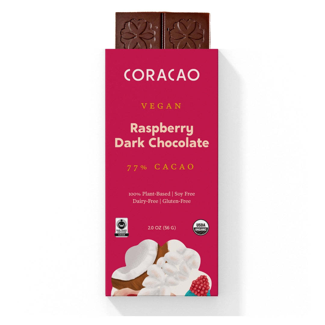 Organic, fair-trade raspberry chocolate bar with creamy cacao butter and Himalayan salt.
